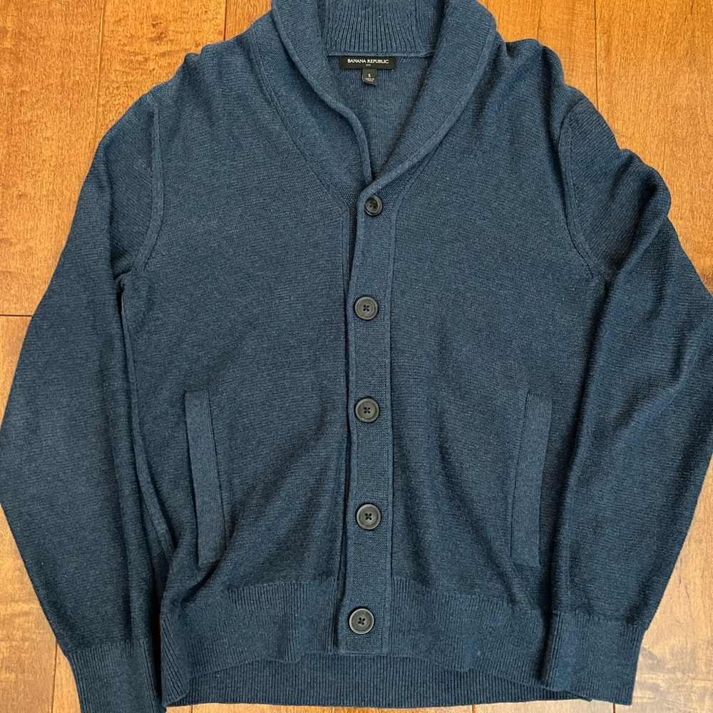 Banana Republic shawl collar cardigan sweater, blue, Sz S, 100% cotton